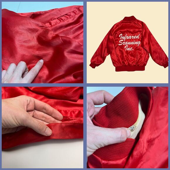 Vintage red 80s satin bomber windbreaker, size L "Infrared Scanning Inc." jacket - Picture 7 of 9